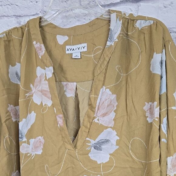 Ava & Viv Women's 4X Plus Floral V Neck Blouse Butter Yellow Boho Peasant Top - Picture 5 of 12